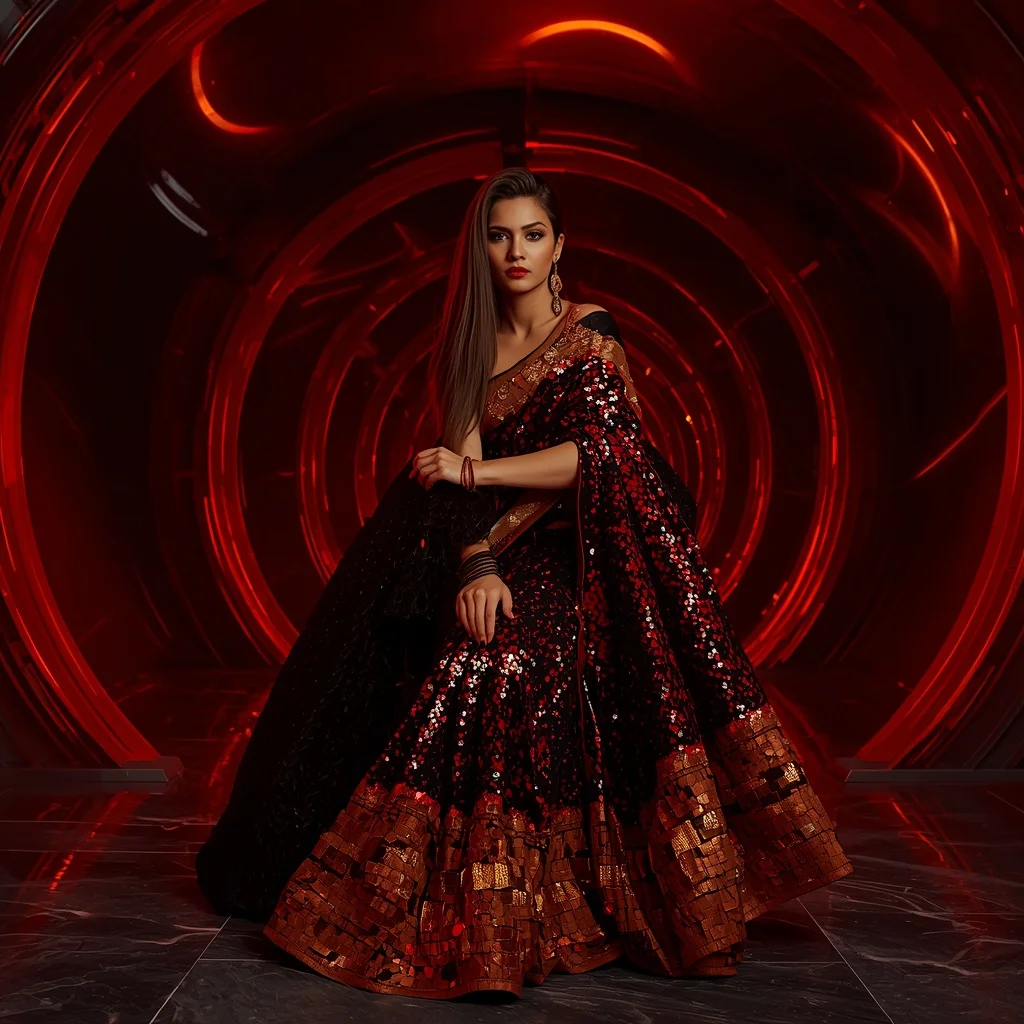 Obsidian Solar Monarch Saree with Eclipse Flame Atrium | Village Girl Ai Prompt