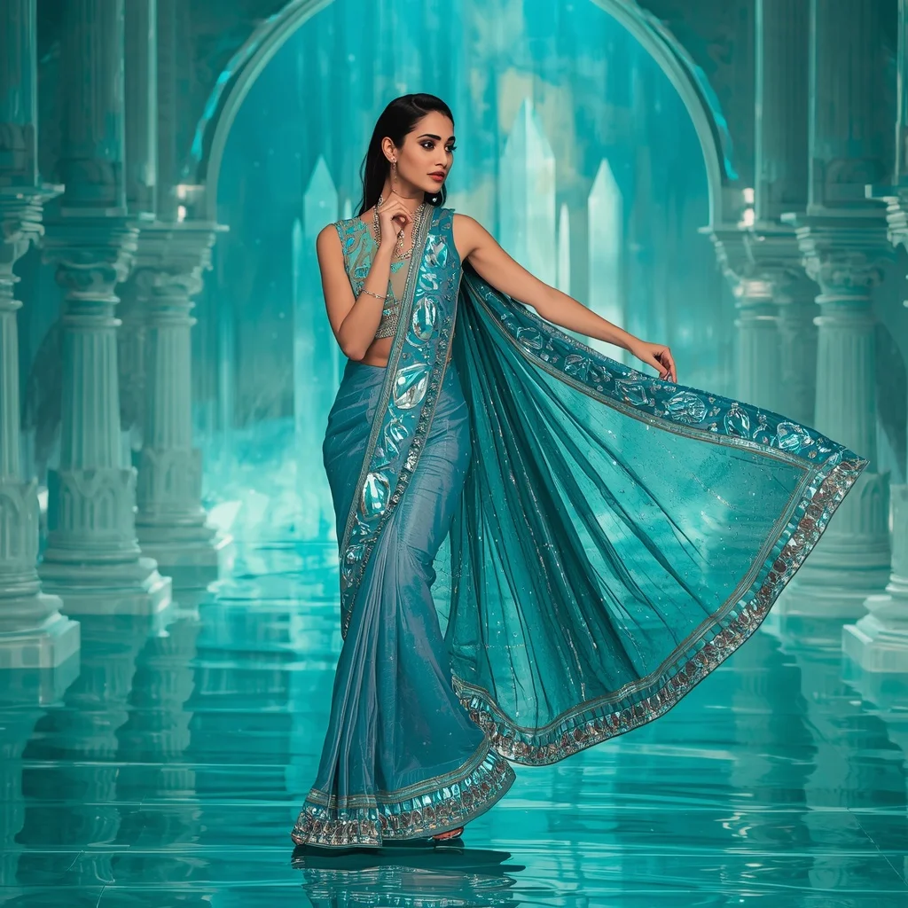 Ocean Prism Galaxy Saree – Luxury Modern Saree with Side Twirl Pose and Aqua Galaxy Crystal Palace Background | Lighting Ai Prompt