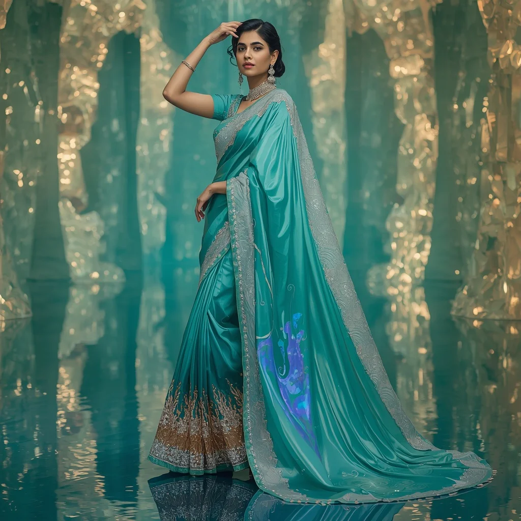 Ocean Prism Inferno Saree – Luxury Modern Saree with Side Twirl Pose and Aqua Inferno Crystal Palace Background | Girl Photo Prompt Gemini