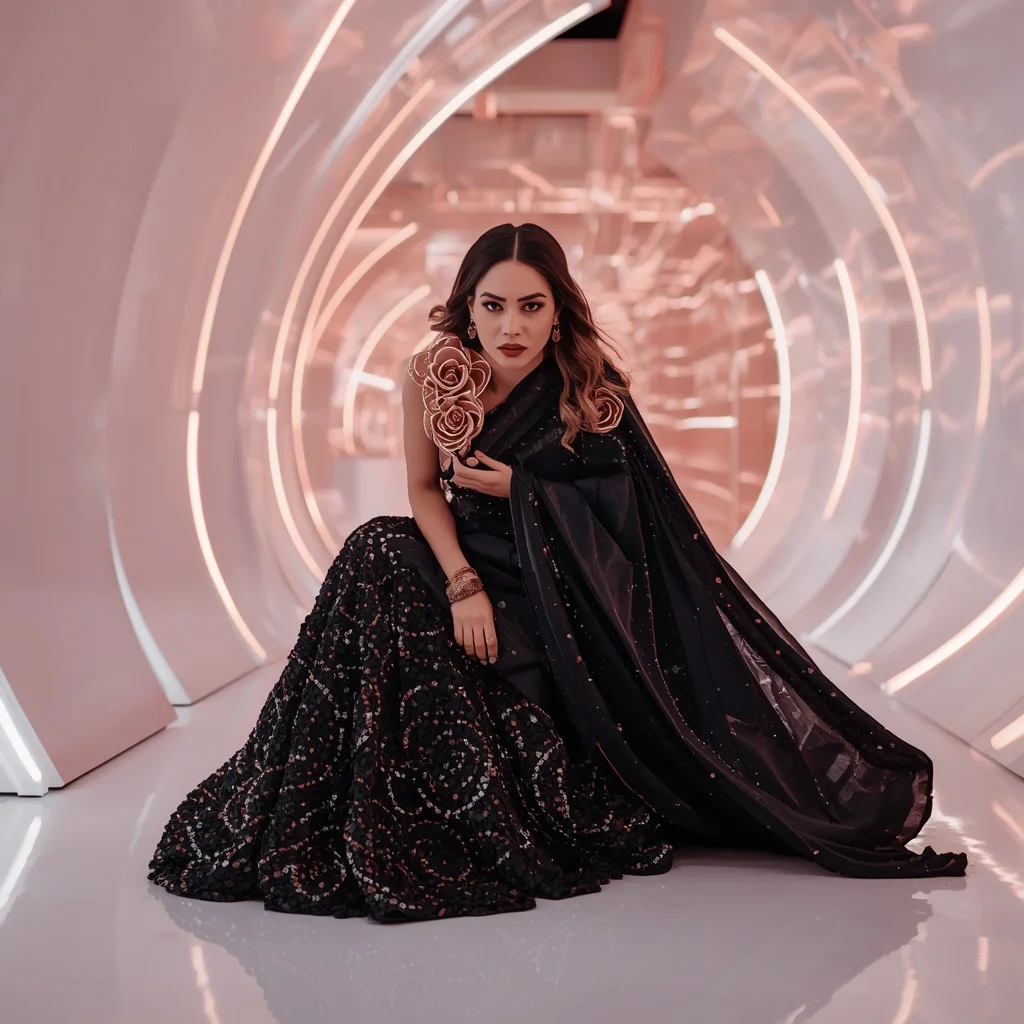 Onyx and Rose Gold Wire-Sculpted Saree with Smooth Curved Gallery | Ai Gemini Prompt