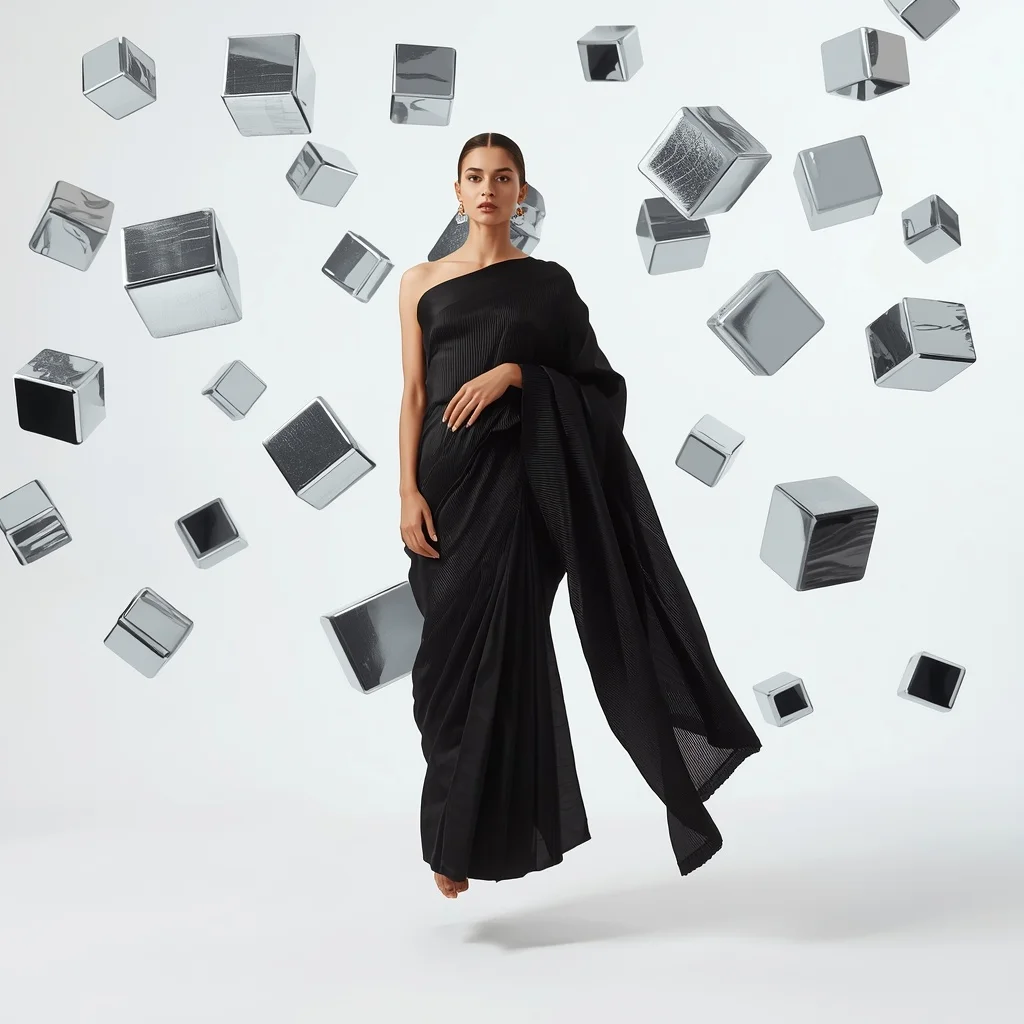 Onyx Micro-Pleat Saree – Levitation Pose with Floating Geometric Cubes | Cute Ai Prompt