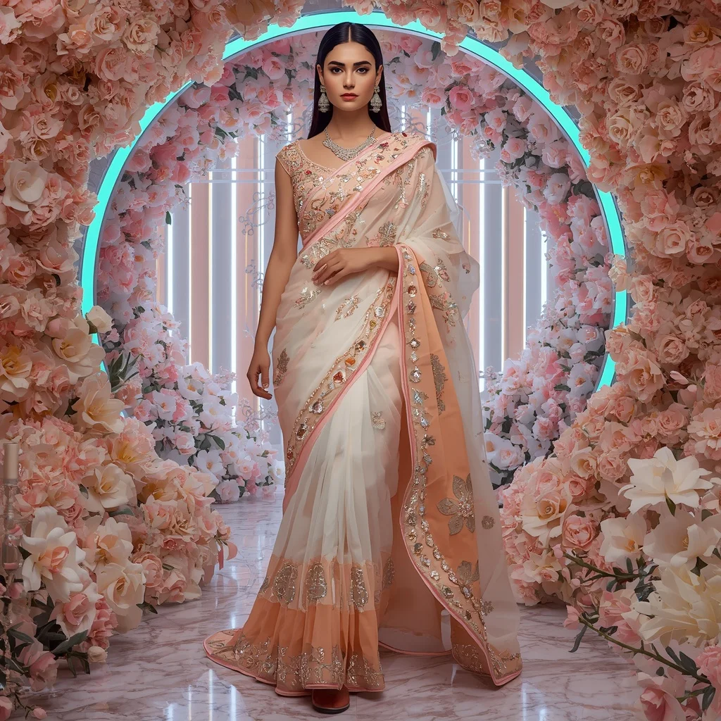 Opal Blossom Dynasty Saree with Prism Floral Infinity Sanctuary | Prompt Chatgpt