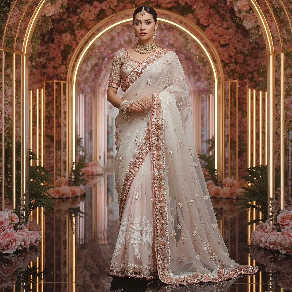 Opal Blossom Galaxy Saree with Prism Garden Infinity Cathedral | Influencers Ai Prompt