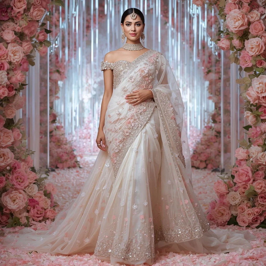Opal Blossom Maharani Saree with Crystal Rose Cathedrals and Floral Infinity Realm | Indian Girl Ai Prompt