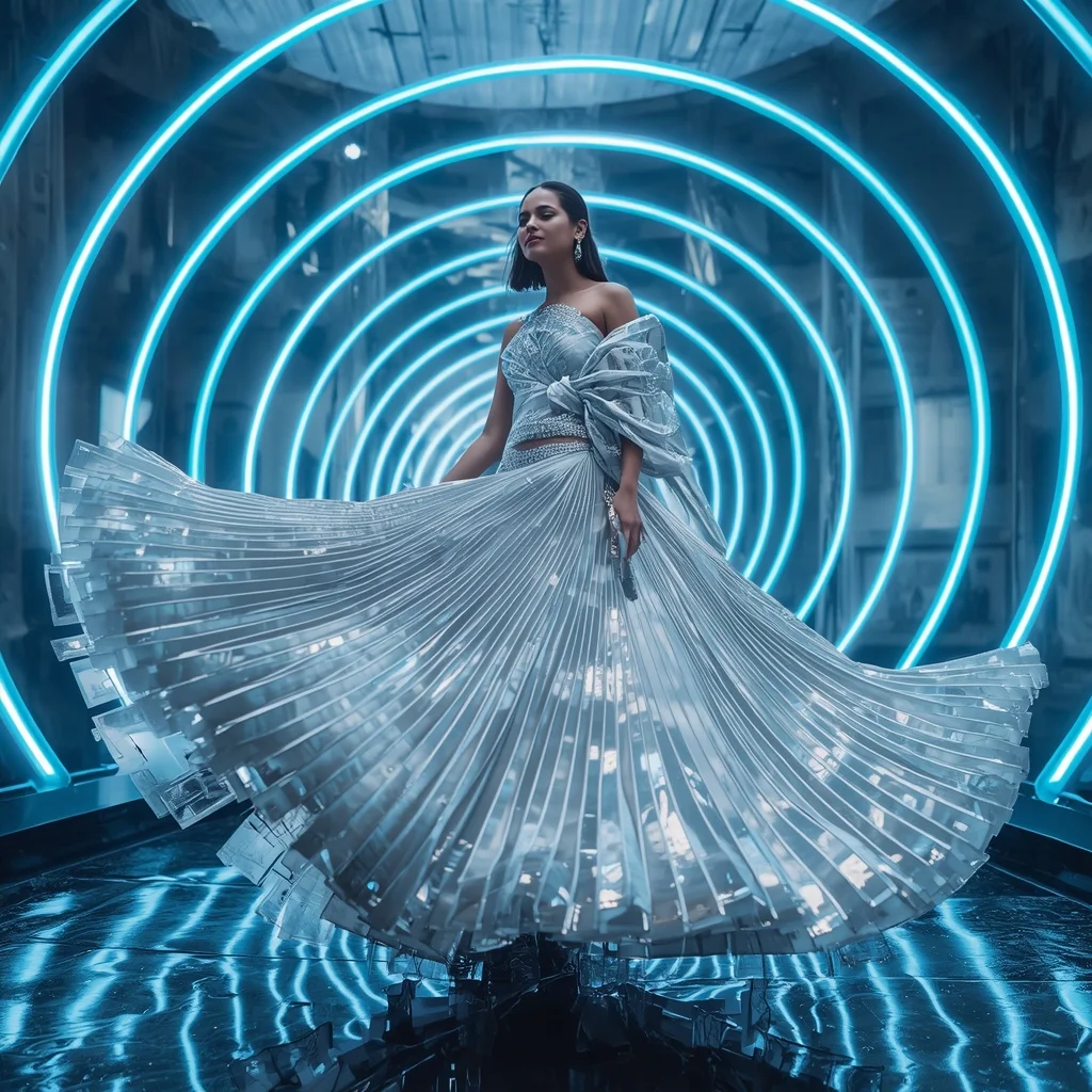 Opal Titanium Orbit Saree with Infinity Reflection Spiral Dome | Cinematic Ai Prompt