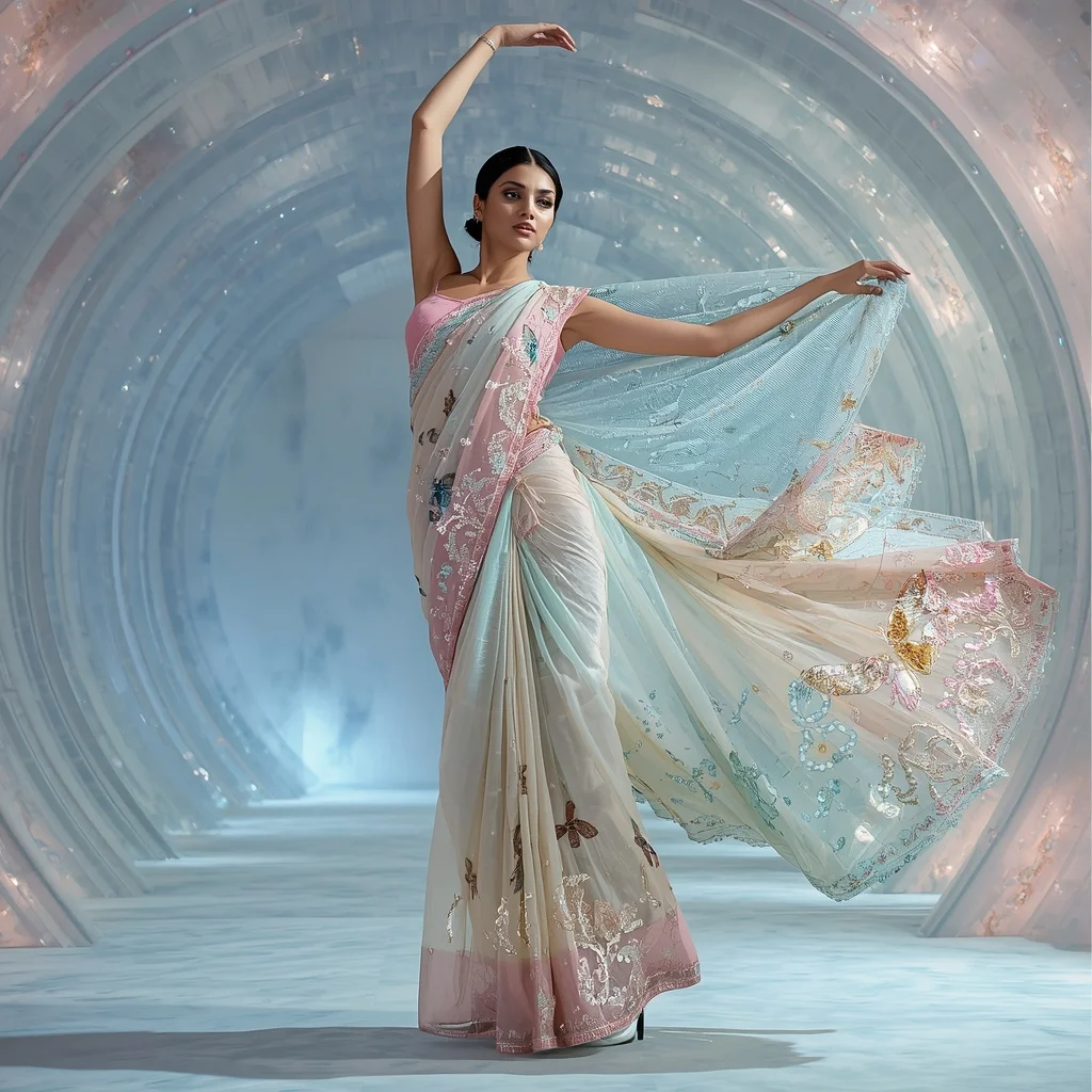 Opaline Dragonfly Bloom Saree with Aurora Crystal Hall | Dslr Portrait Ai Prompt