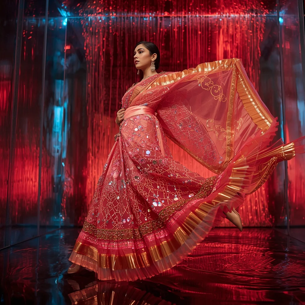 Opaline Flame Saree with Neon Waterfall Reflection Bridges | Cute Girl Ai Prompt