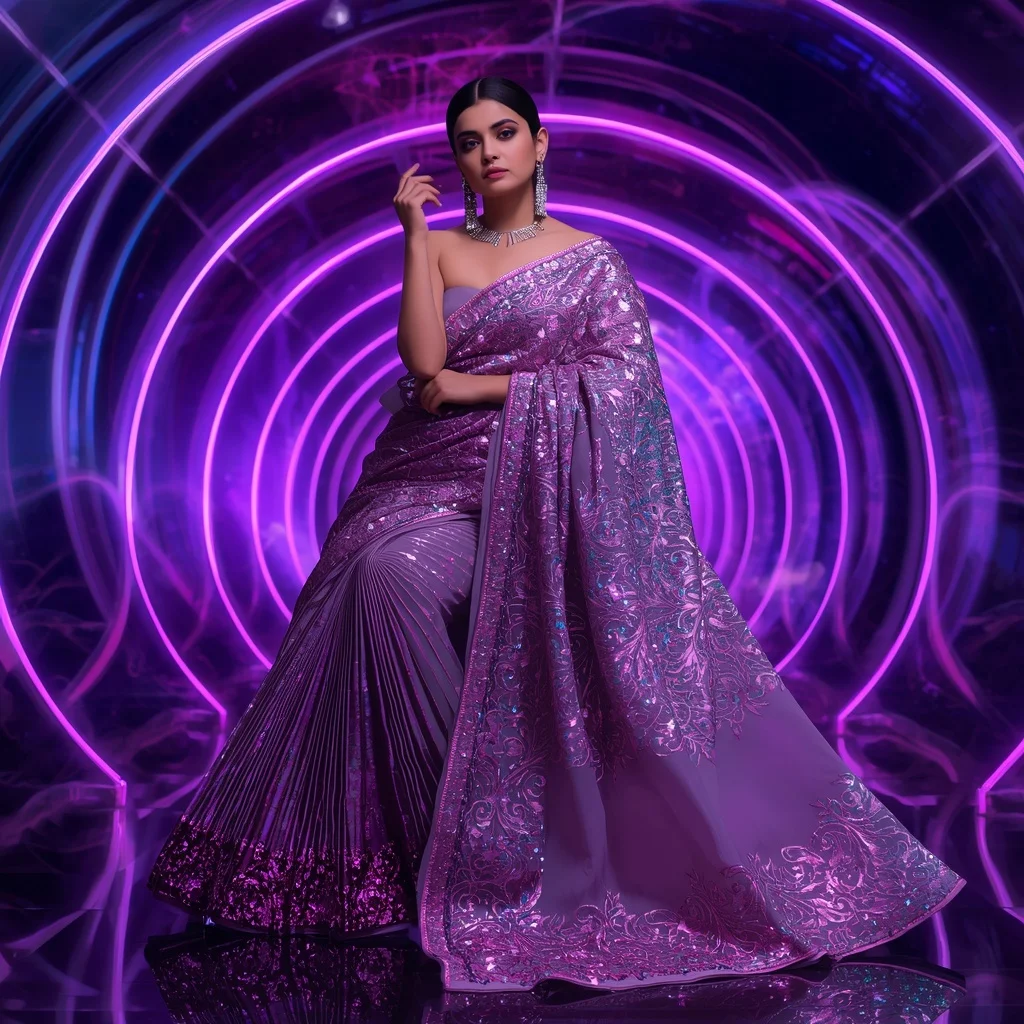 Orchid Aurora Infinity Saree with Neon DNA Crystal Universes | Prompt For Gemini AI Girl Style Trending Instagram