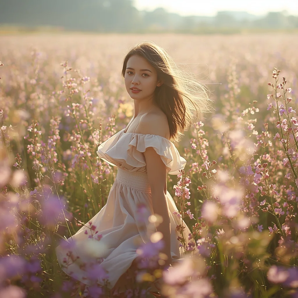 Pastel Flower Field Dream Portrait with Romantic Soft Light | Trending Ai Prompt