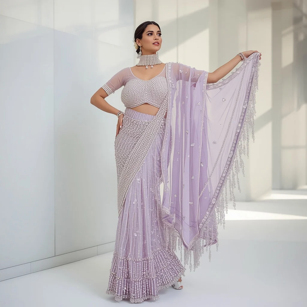 Pastel Lilac Massive Pearl Corset & Crystal Drape Saree | Dramatic Pallu Drop Pose | Prompt Generator