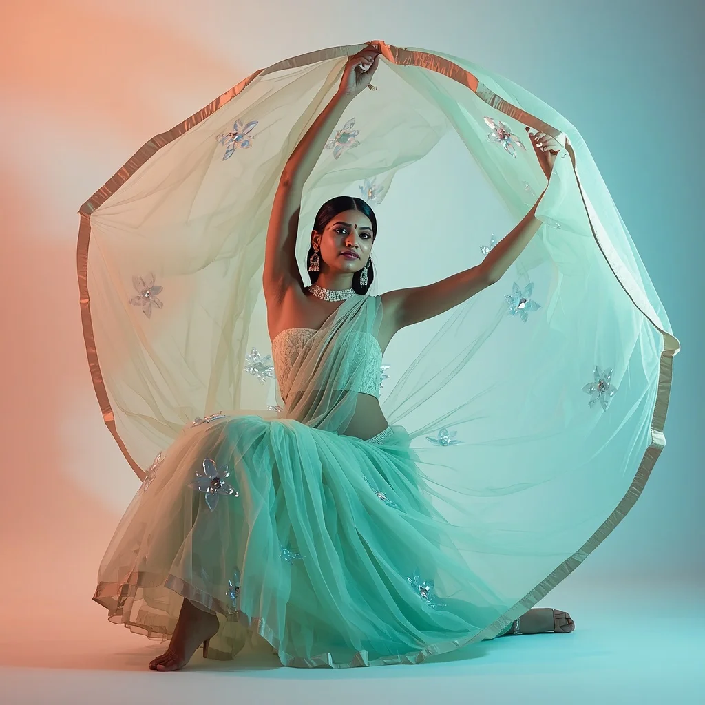 Pastel Mint Tulle Saree – Sweeping Spin Pose with Cyan Water Caustics | Gemini Ai Prompt Copy Paste