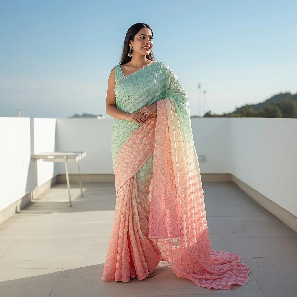 Pastel Ombre Dense Sequin Gradient Saree | Looking Away into Distance Pose | Prompt Engineering