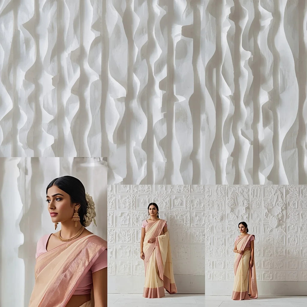 Pastel Saree Architectural White Gypsum Relief Patterns Lite Background Premium Prompt | Influencer Ai Prompt
