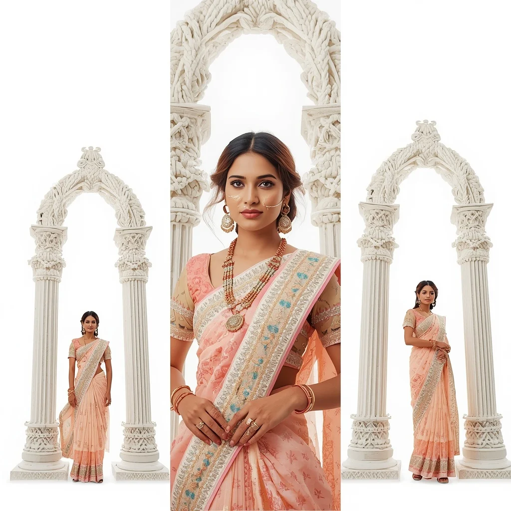 Pastel Saree Avant-Garde Bohemian Macrame Knot Architecture Lite Background Cinematic Prompt | Instagram Aesthetic Ai Prompt