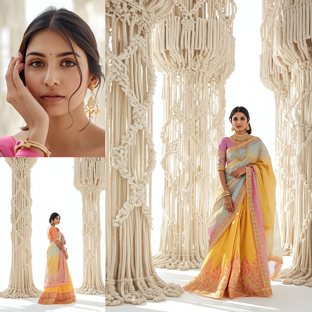Pastel Saree Avant-Garde White Macrame Architecture Lite Background Premium Prompt | ChatGPT Ai Prompt