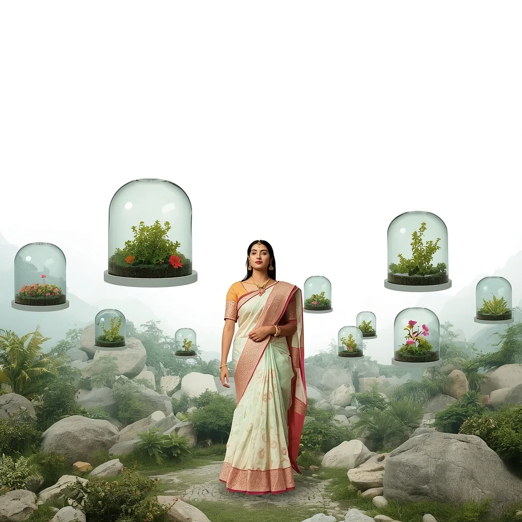 Pastel Saree Botanical Glass Domes Lite Background Viral Prompt | Ultra Realistic Ai Prompt