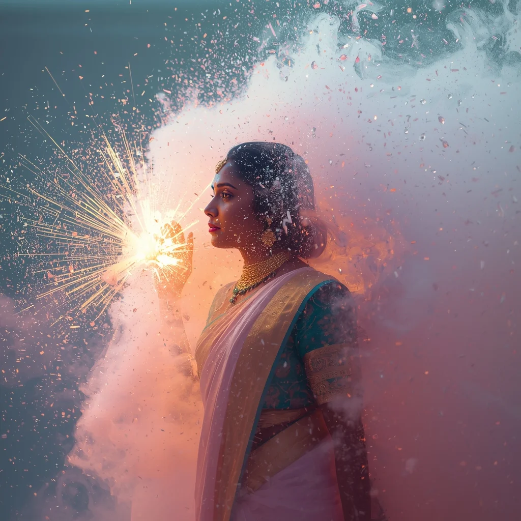 Pastel Saree Crystal Dust Explosion Frozen Moment Image Prompt | Saree Aesthetic Ai Prompt For Pinterest