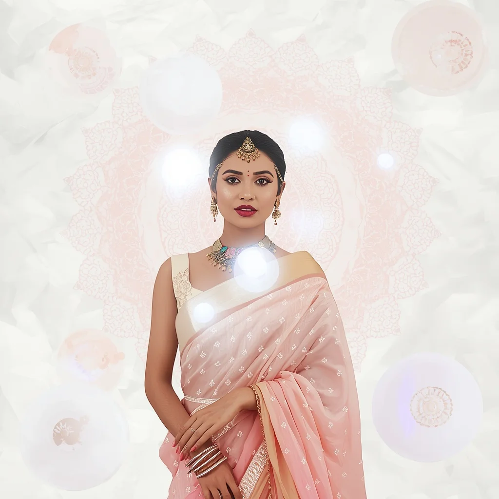 Pastel Saree Floating Holographic White Mandalas Lite Background Cinematic Prompt | New Instagram Trend Prompt For Girl Love Copy And Paste