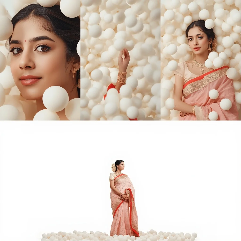 Pastel Saree Floating Matte White Spheres Lite Background Premium Prompt | Happy Ai Prompt