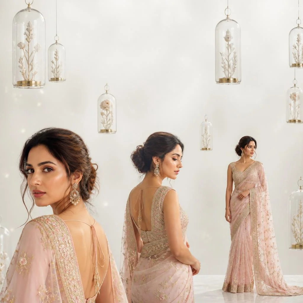 Pastel Saree Floating Minimalist Glass Botanical Domes Lite Background Premium Prompt | Wedding Ai Prompt