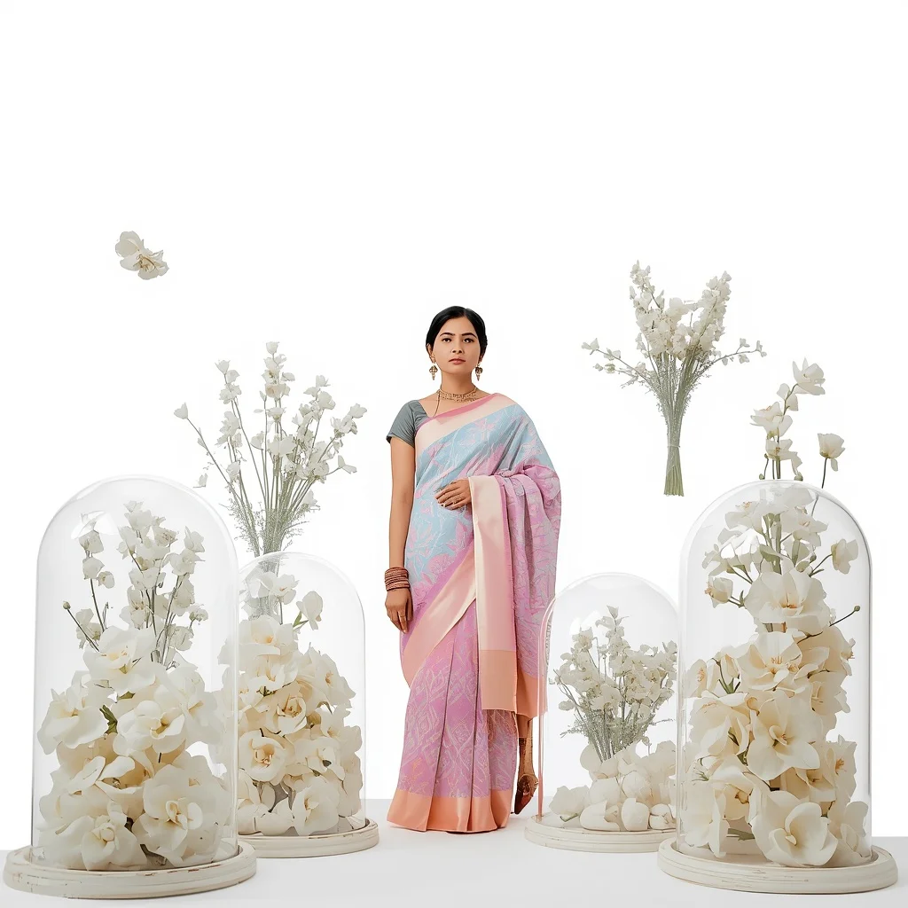 Pastel Saree Floating Preserved Botanical Glass Domes Lite Background Premium Prompt | Gemini AI Photo Prompt Copy Paste Trending Girl 2026