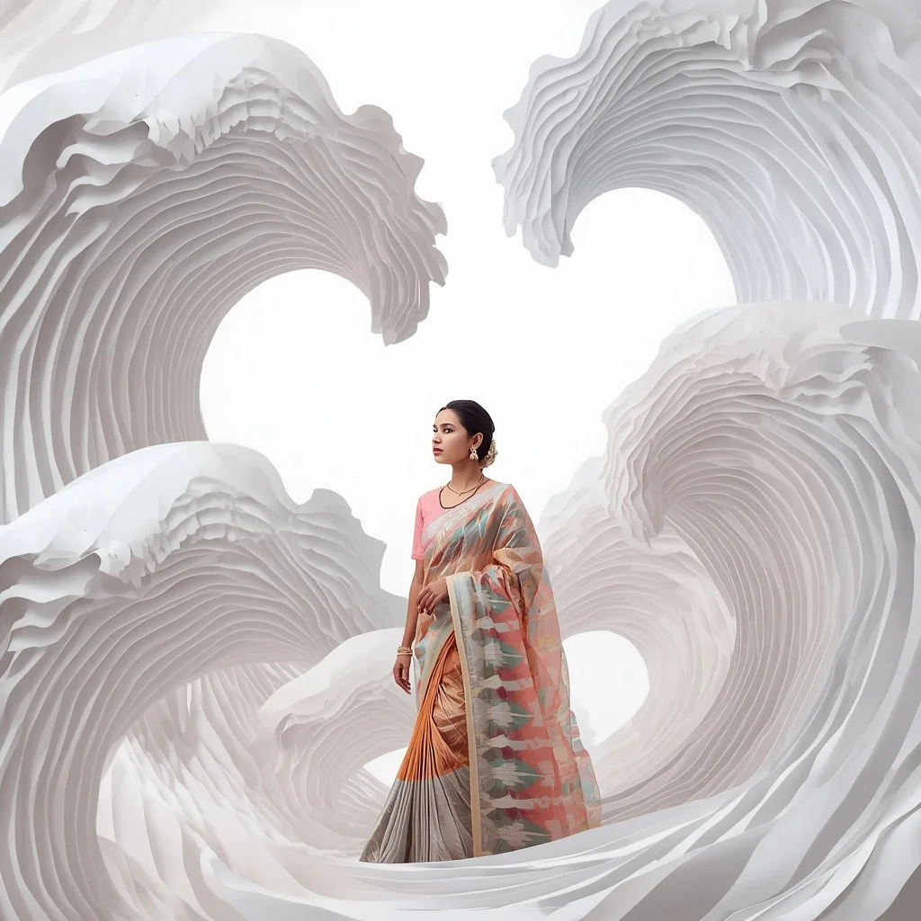 Pastel Saree Floating Sculptural Paper Waves Lite Background Premium Prompt | Prompt For Traditional Look For Girl Copy Paste
