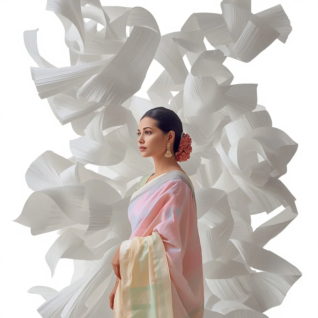 Pastel Saree Floating Sculptural White Paper Ribbons Lite Background Premium Prompt | Image Prompt