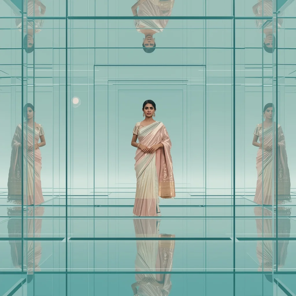 Pastel Saree Front Facing Glass Panel Floating Layered Space Image Prompt | Indian Bride Saree Ai Prompt