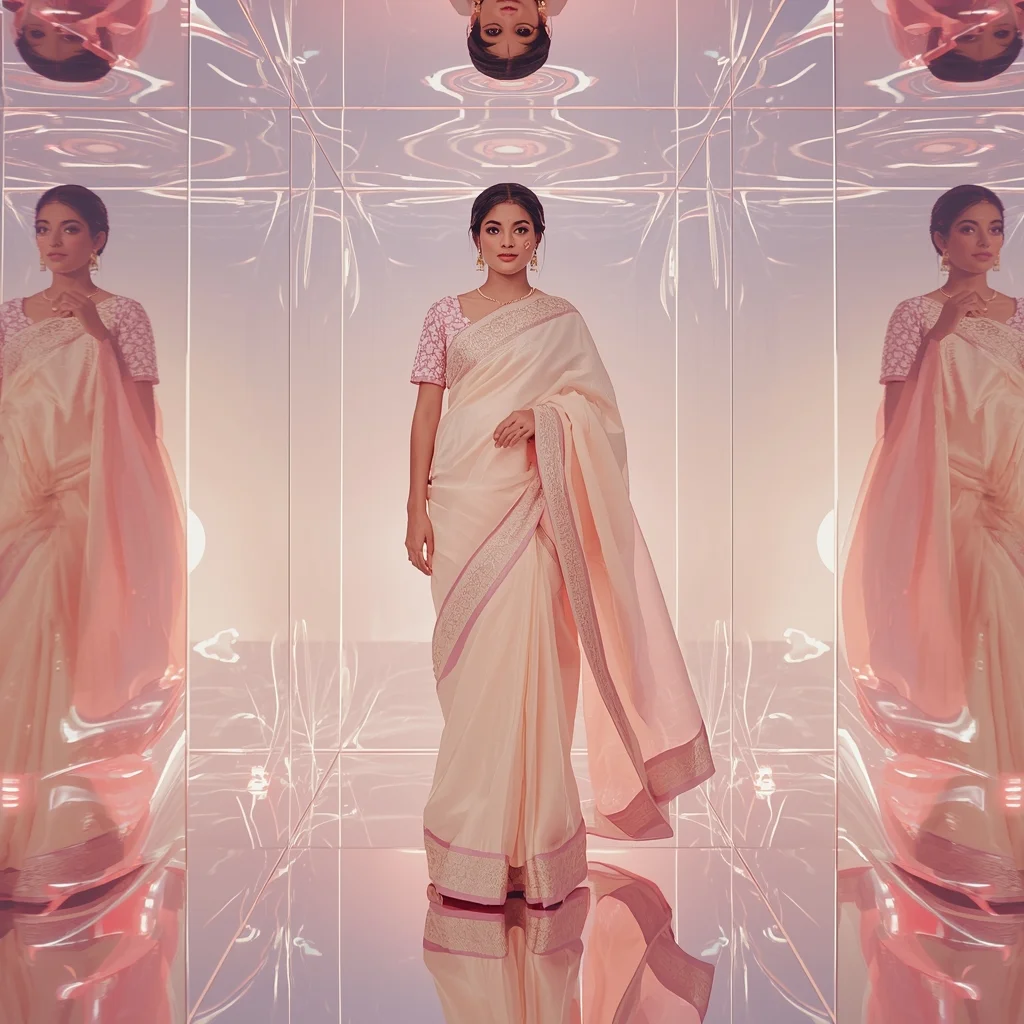 Pastel Saree Front Facing Liquid Light Reflection Chamber Image Prompt | Saree Prompt For Gemini Ai