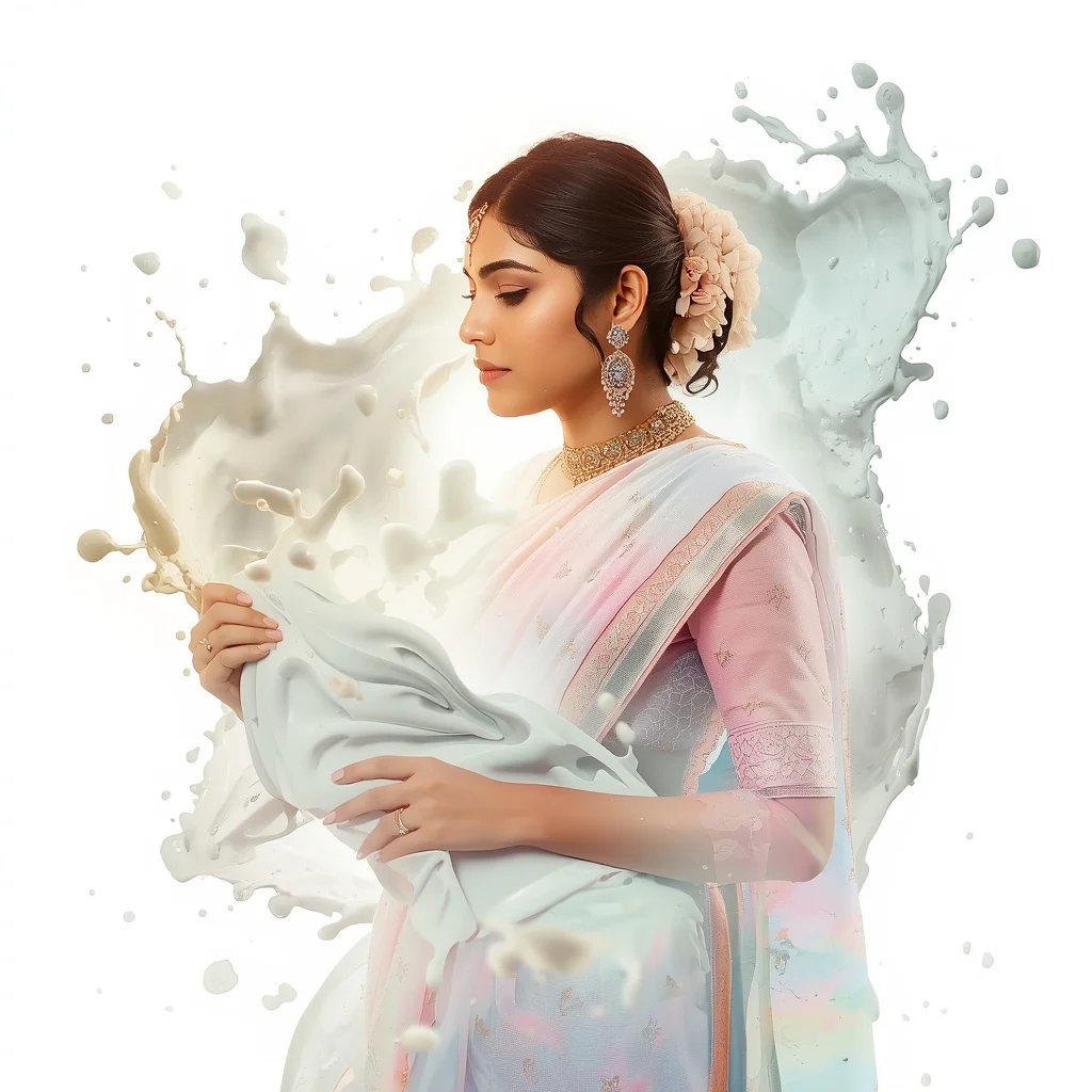 Pastel Saree Frozen Milky Liquid Splashes Lite Background Viral Prompt | Free Ai Prompt