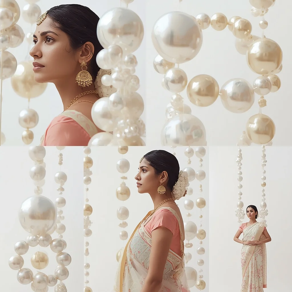 Pastel Saree Giant Polished Pearl Jewelry Structures Lite Background Cinematic Prompt | Instagram Reel Ai Prompt
