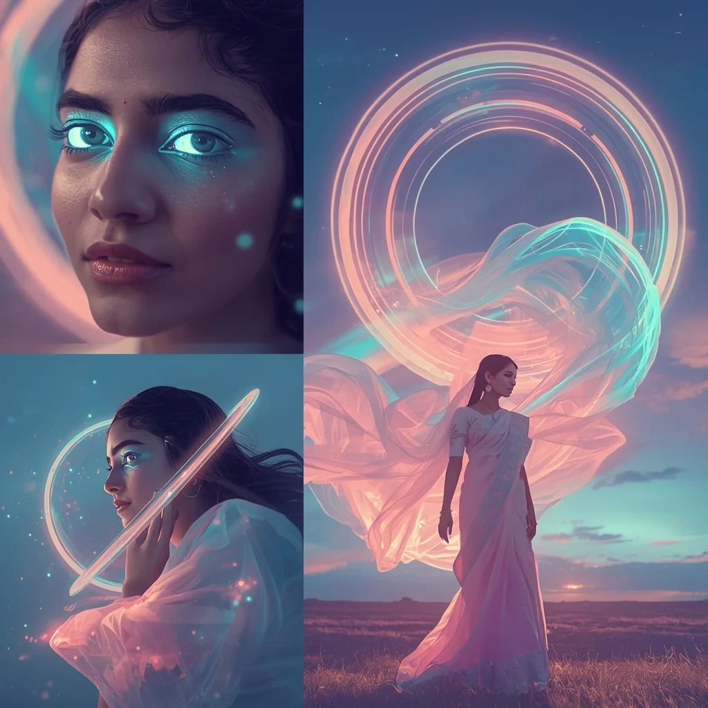 Pastel Saree Infinite Aurora Ring Sky Orbit Flow Cinematic Viral Prompt | Prompt For Traditional Look For Girl South Indian