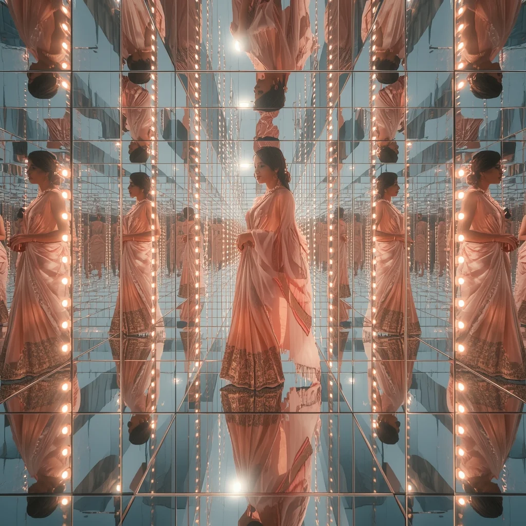 Pastel Saree Infinite Mirror Light Chamber Multi Layer Depth Cinematic Viral Prompt | Ai Prompt Text To Image