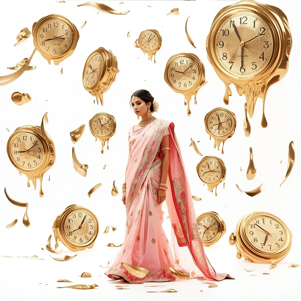 Pastel Saree Melting Golden Clockwork Faces Lite Background Cinematic Prompt | Free Ai Prompt
