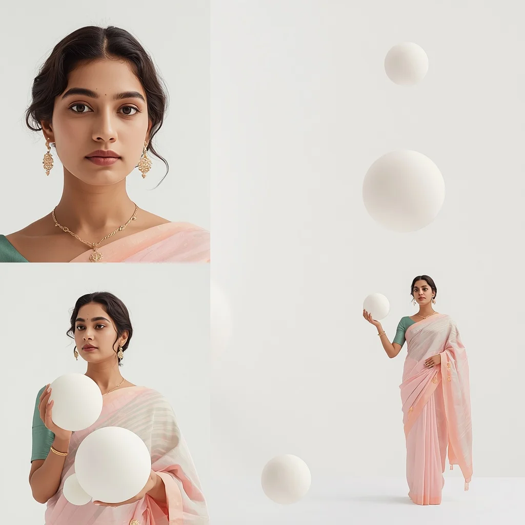 Pastel Saree Minimalist White Ceramic Spheres Lite Background Cinematic Prompt | Gemini Ai Prompt