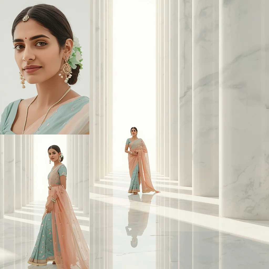 Pastel Saree Minimalist White Marble Pillar Hall Lite Background Premium Prompt | Prompt For Gemini