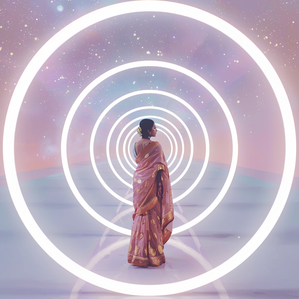 Pastel Saree Multi Portal Ring Infinite Dimensional Travel Cinematic Viral Prompt | Saree Girl Ai Prompt
