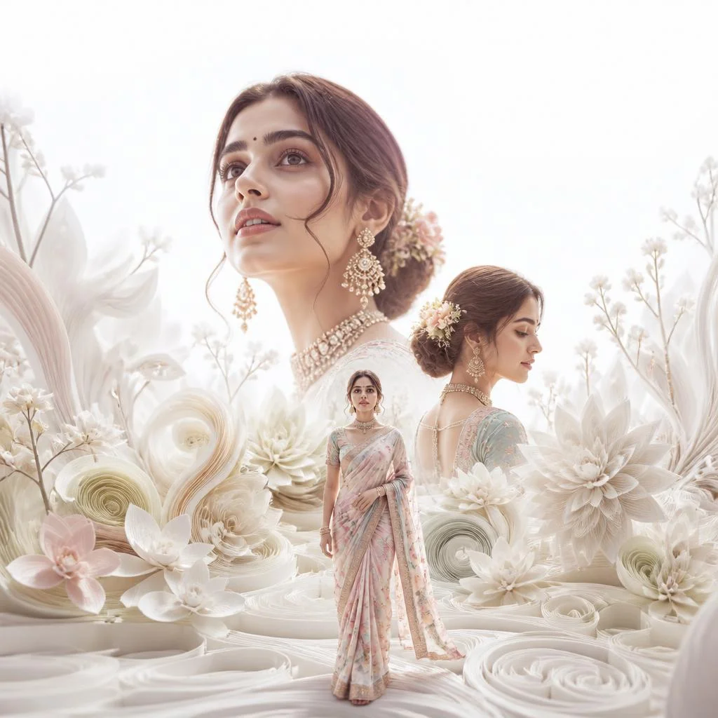 Pastel Saree Surreal Floating Paper-Quilled Floral Landscape Lite Background Viral Prompt | Gemini Ai Prompt For Girl