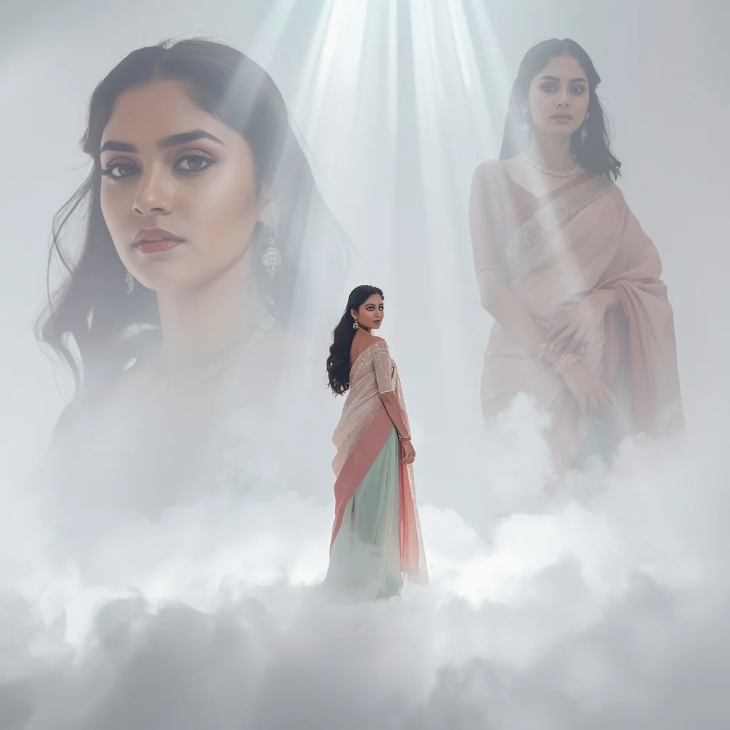 Pastel Saree Volumetric Light Shafts and Grounded Mist Lite Background Cinematic Prompt | Flux Ai Prompt