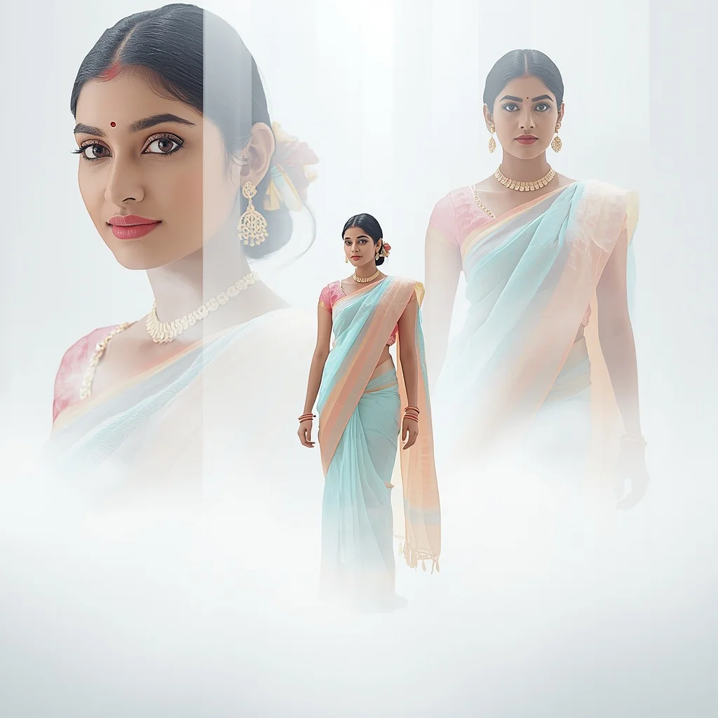 Pastel Saree Volumetric Soft Light and Grounded Fog Lite Background Cinematic Prompt | Image To Prompt