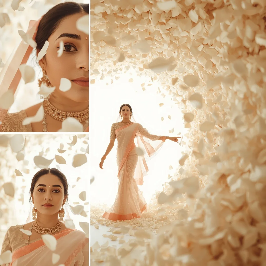 Pastel Saree Vortex of Falling White Rose Petals Lite Background Cinematic Prompt | Profile Picture Ai Prompt