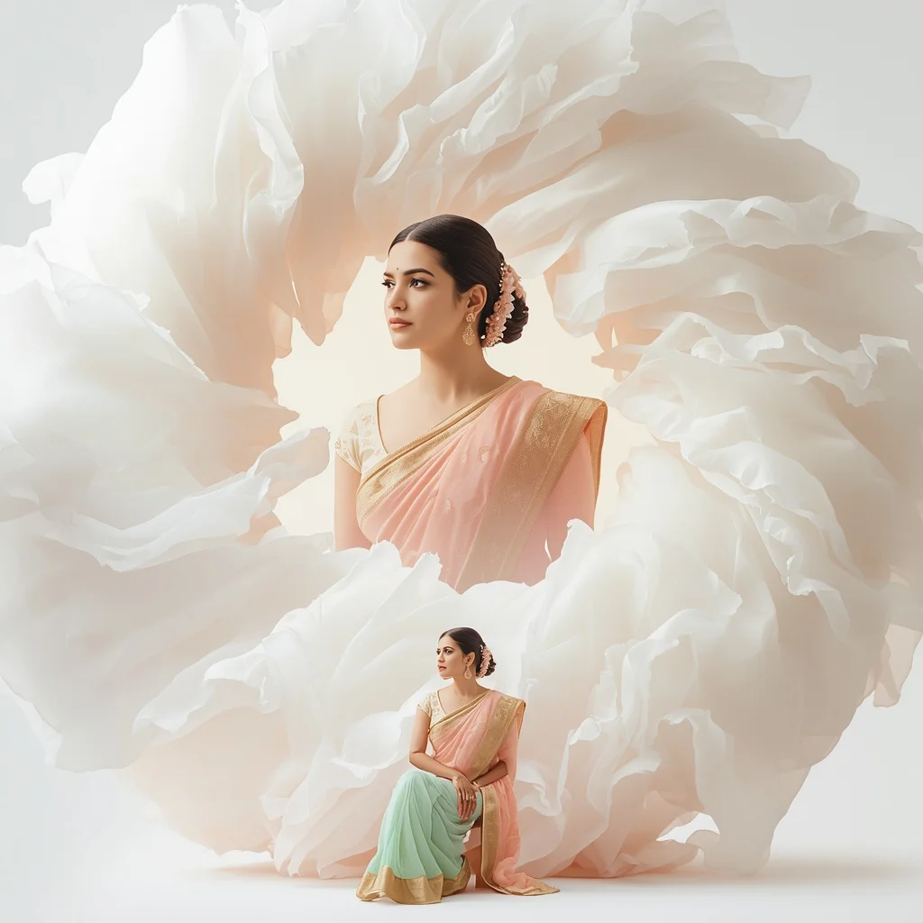 Pastel Saree Whirling Chiffon Clouds Lite Background Premium Prompt | Female Model Ai Prompt
