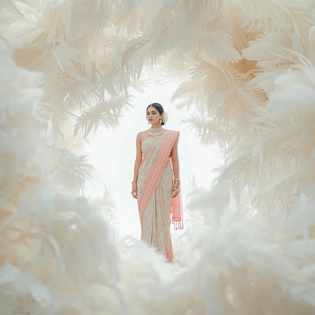 Pastel Saree Whirling White Ostrich Feather Vortex Lite Background Cinematic Prompt | Viral Instagram Ai Prompt