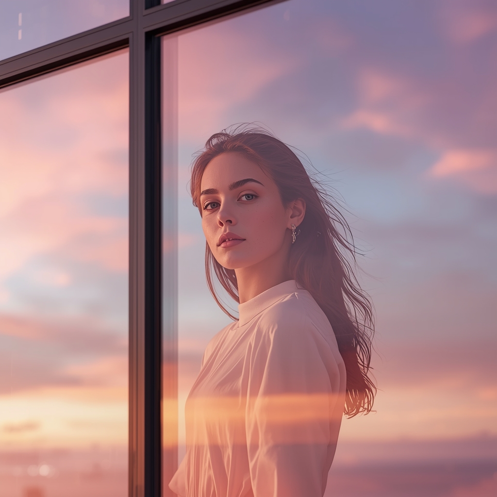 Pastel Sky Window Reflection Girl Influencers Use – Dreamy Cinematic Look | Copy Paste Ai Prompt