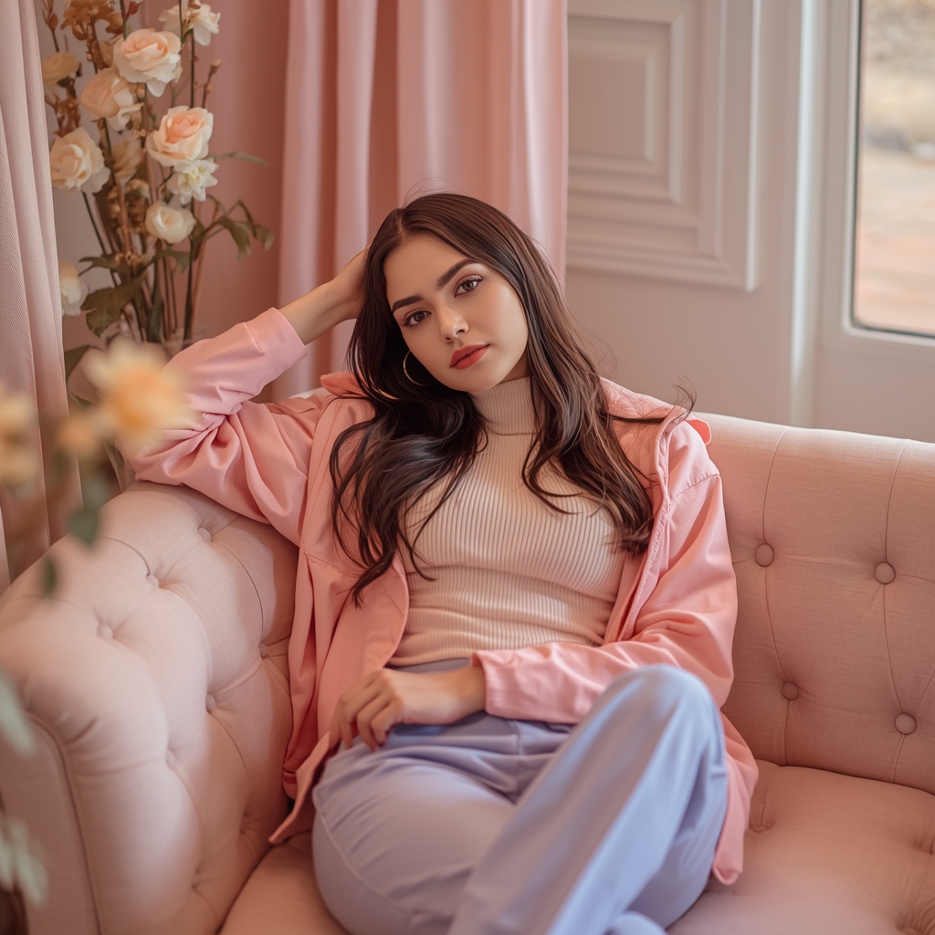 Pastel Sofa Lounge Girl – Cozy Minimal Aesthetic Look | Viral Prompt Ideas You Need
