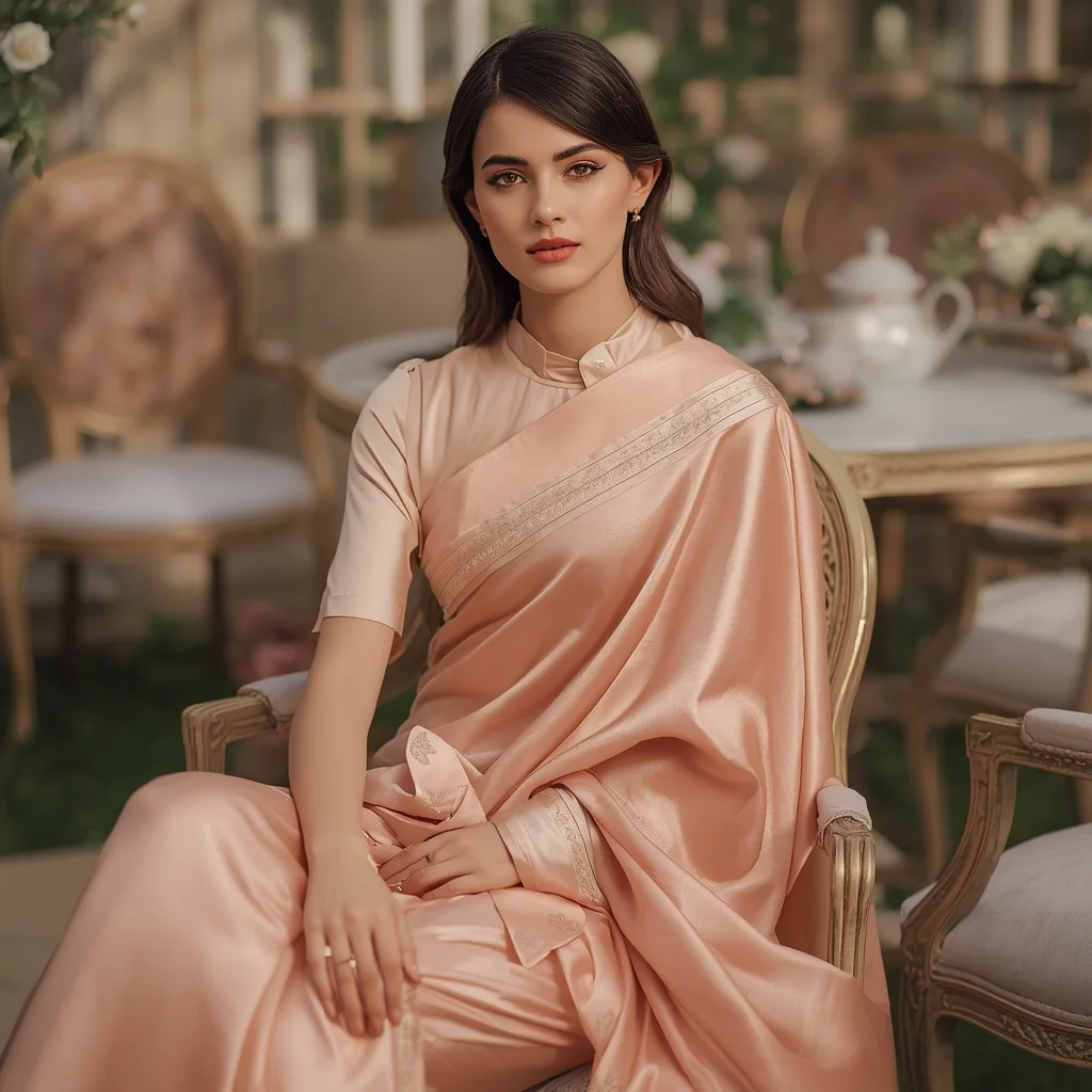 Peach Silk Saree With Luxury Garden Tea Party Romantic Fashion Editorial Lifestyle Scene | Retro Style Prompt For Gemini Instagram