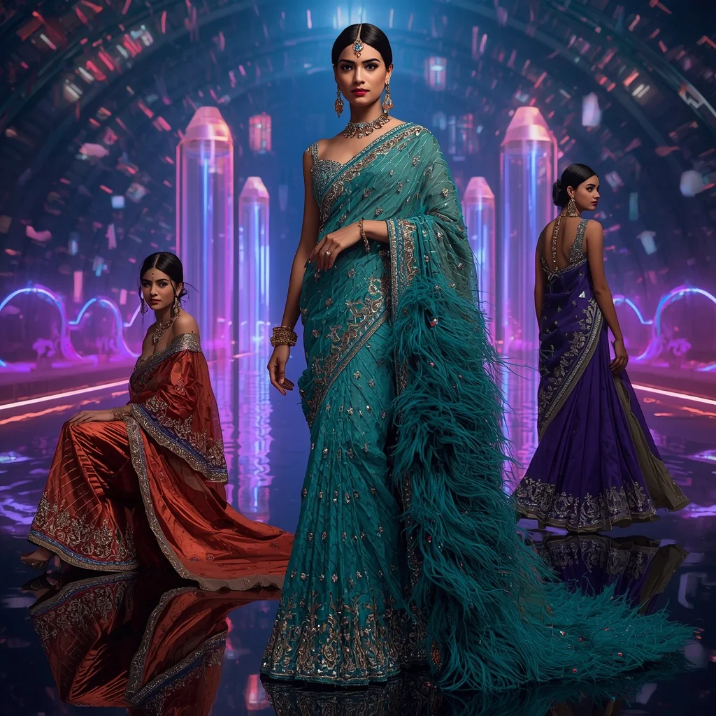 Peacock Crystal Flame Saree with Floating Prism Infinity Neon Citadel | Youtube Thumbnail Ai Prompt