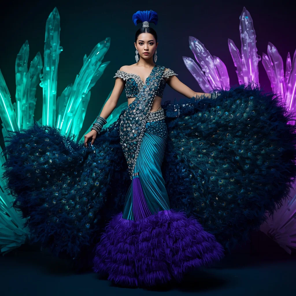 Peacock Ocean Dynasty Saree with Neon Feather Crystal Bridges | Saree Prompt For Women Pdf