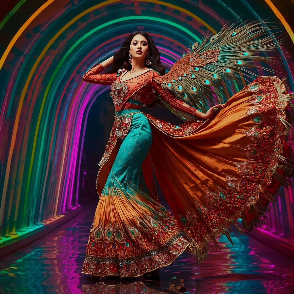 Peacock Phoenix Flame Saree with Curved Neon Fortress | Free Ai Prompt