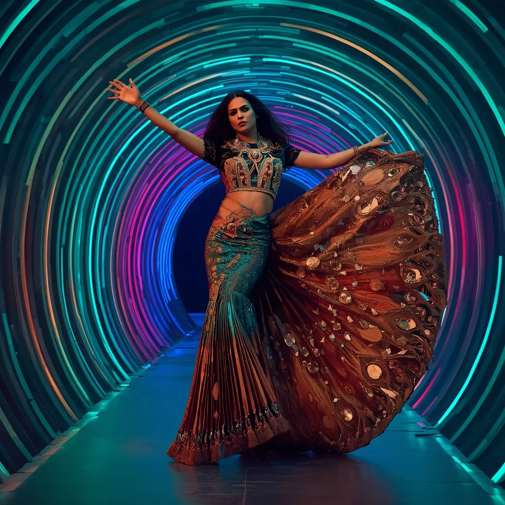 Peacock Phoenix Flame Saree with Curved Neon Kingdom | Lighting Ai Prompt